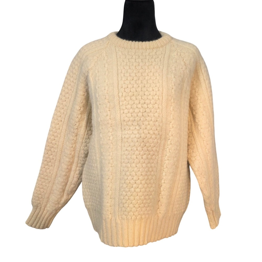 Hill Head Classic Irish Wool Sweater Handloomed Cream Popcorn Cable Knit Mens L